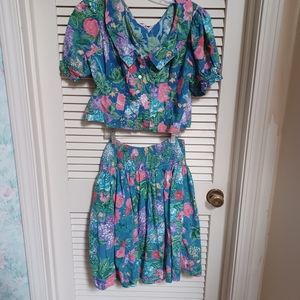 Rene Derhy Vintage Floral Crop top Skirt Dress 70's cottagecore boho set M